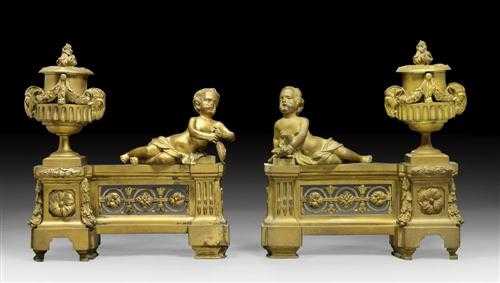 Appraisal: PAIR OF GILT BRONZE FIREPLACE CHENETS WITH FIGURES OF CHILDREN