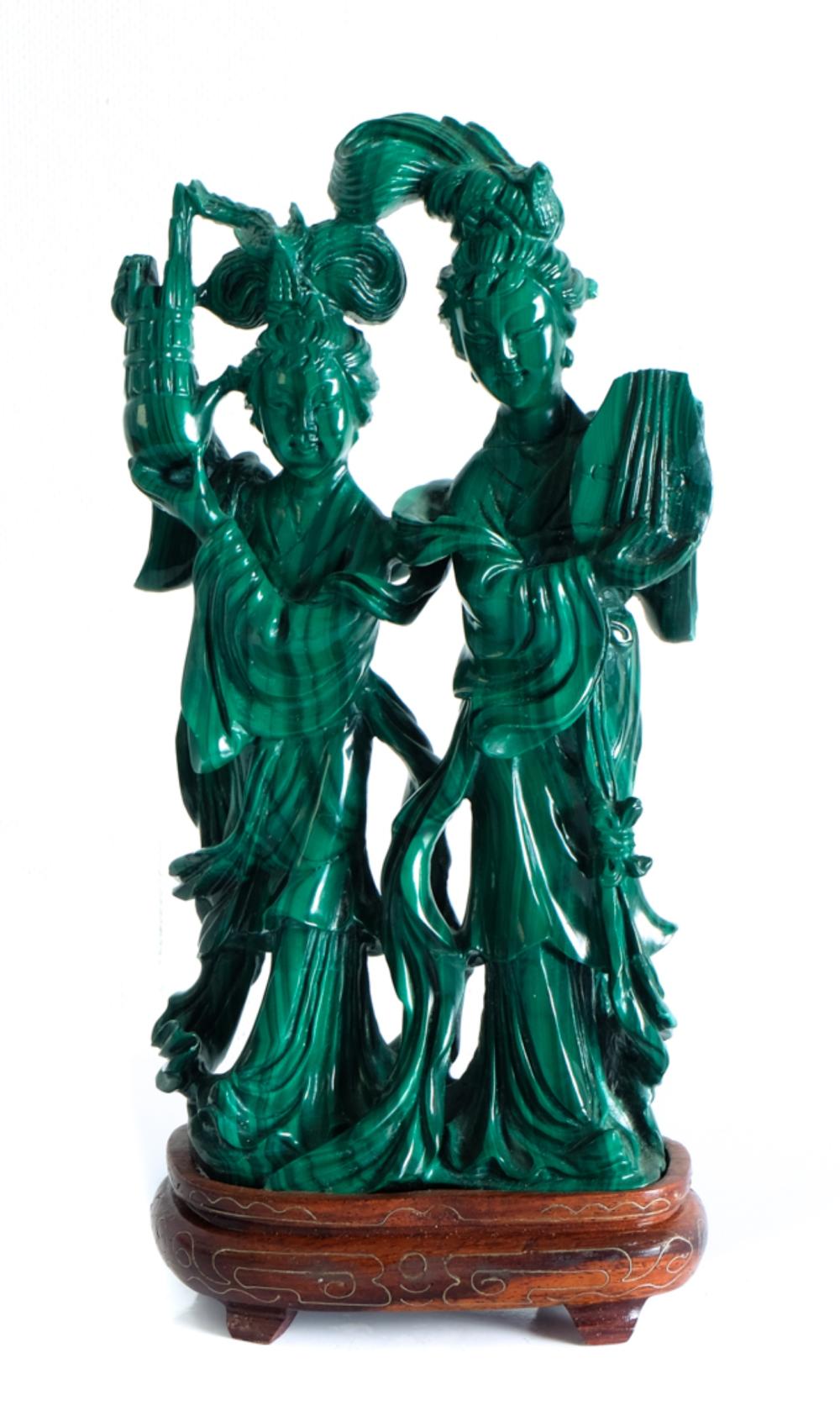 Appraisal: CHINESE CARVED MALACHITE FIGURAL GROUPChinese carved Malachite figural group on