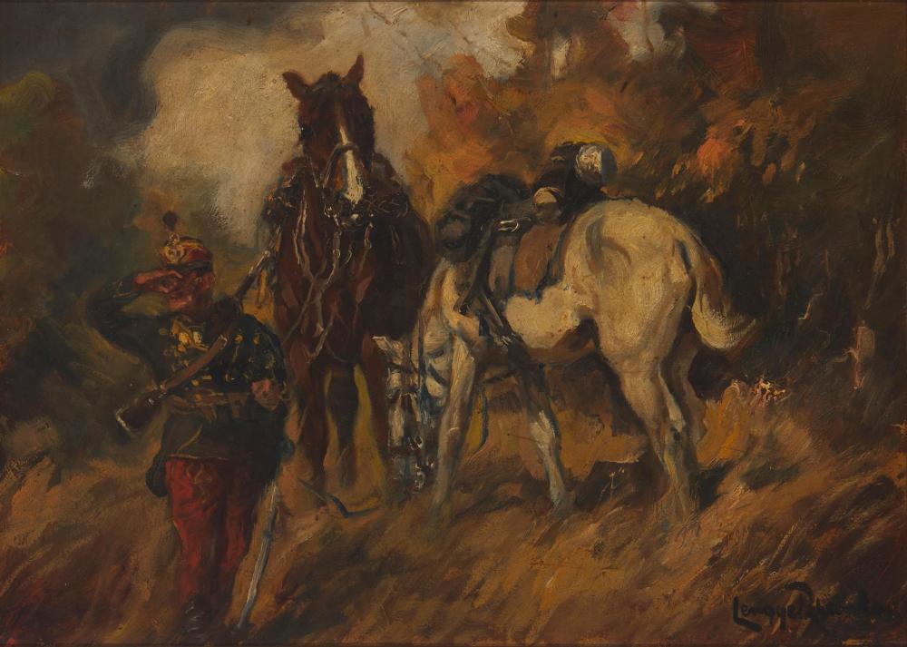 Appraisal: th Century Continental School Military figure with two horses Oil