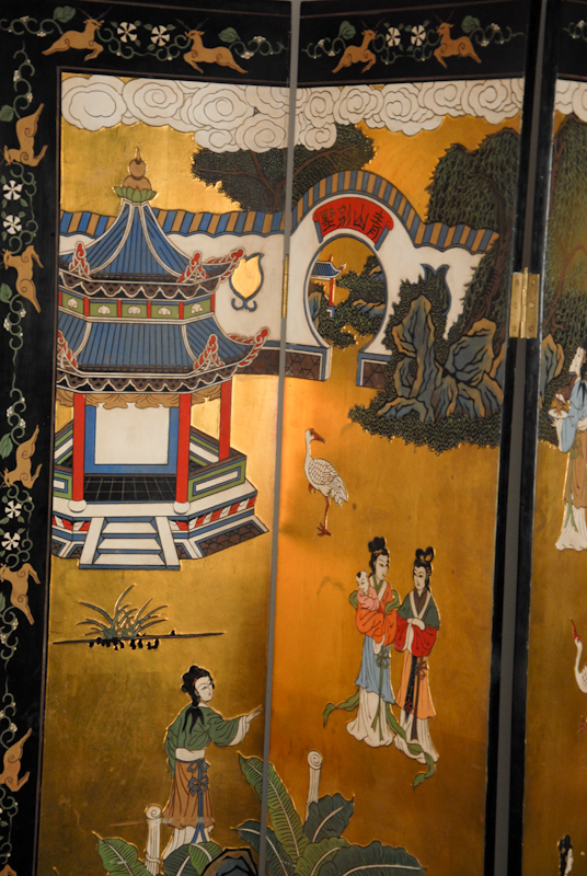 Appraisal: VIEW Four-fold Asian Screen black laquered and polychromed with designs