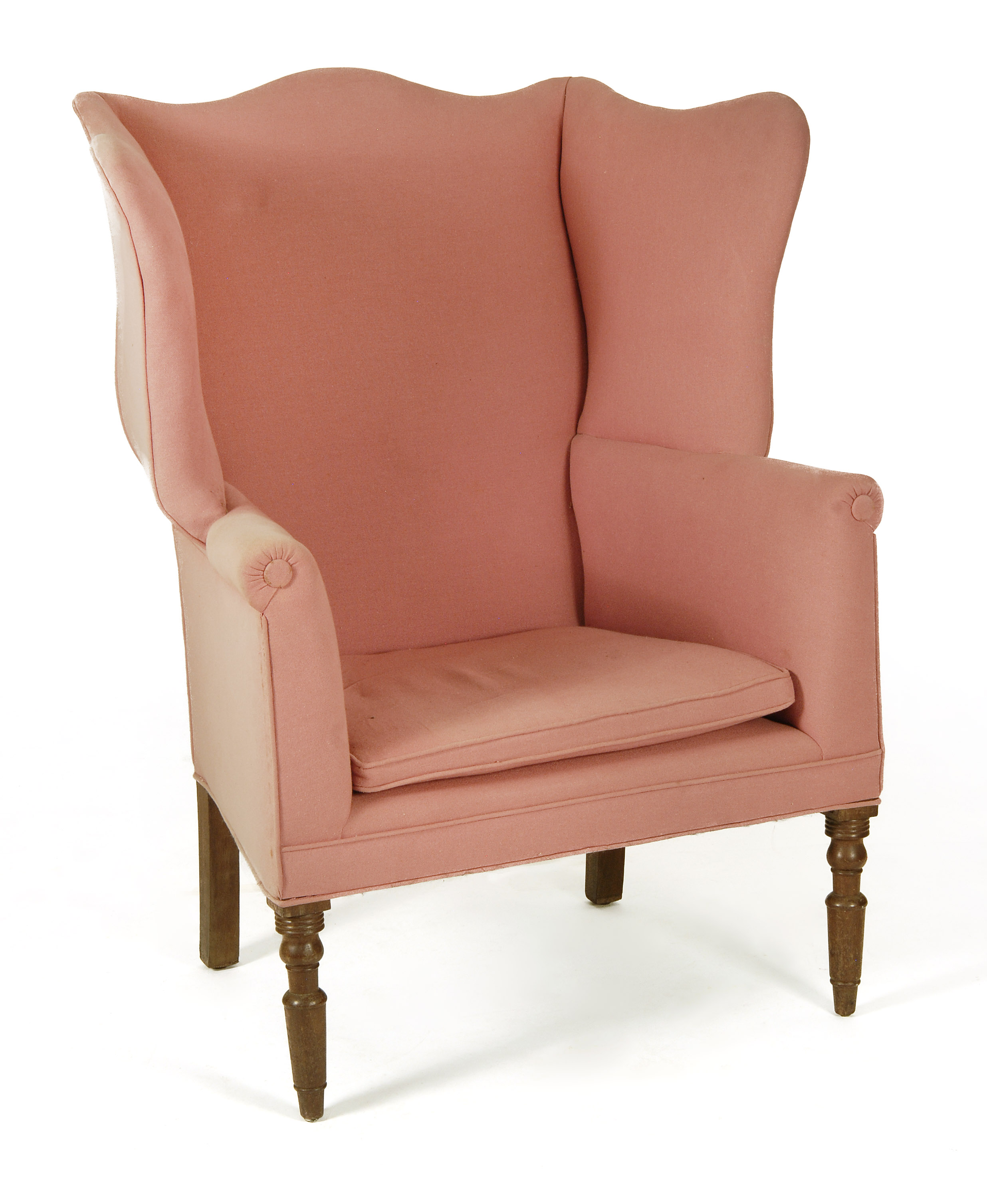 Appraisal: SHERATON-STYLE WING CHAIR th CenturyIn mahogany Turned legs Pink upholstery