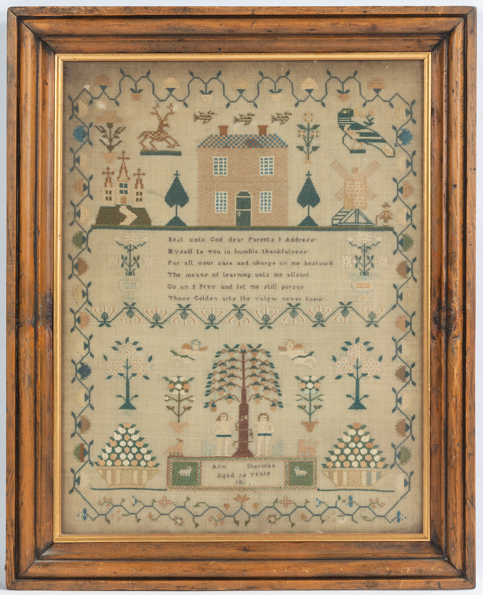 Appraisal: 'S SAMPLER Needlework on silk Ann Sherman Aged Years