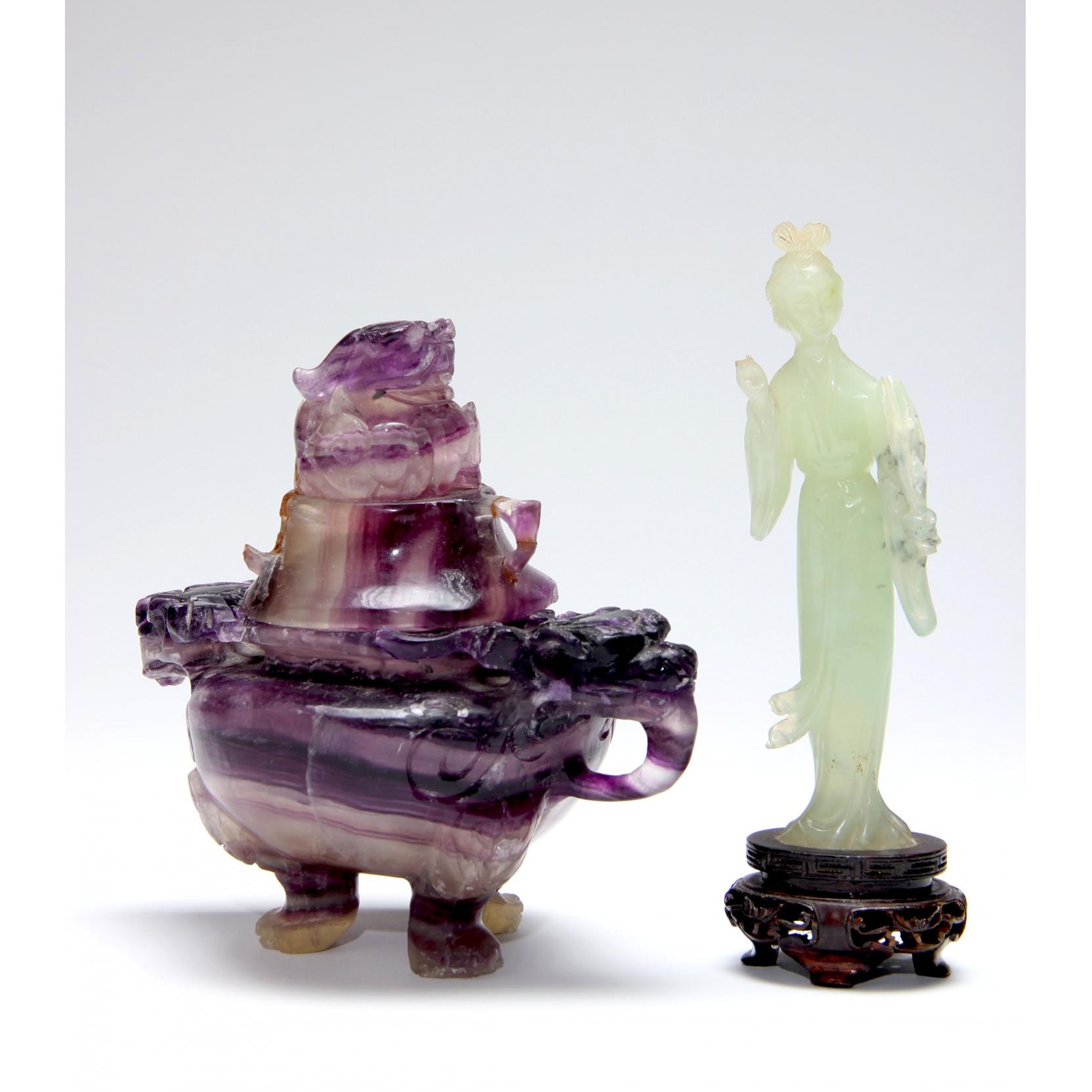 Appraisal: Carved Stone Censer and Guanyin a carved amethyst lidded censer