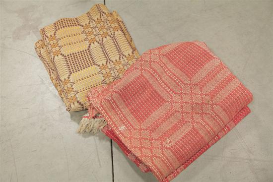 Appraisal: TWO COVERLETS Overshot wool coverlets one in red and natural