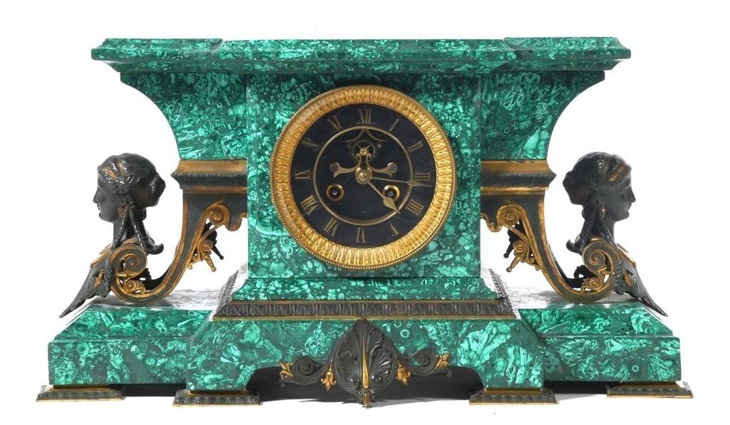 Appraisal: FRENCH MALACHITE EMPIRE MANTLE CLOCKFrench malachite Empire style mantle clock