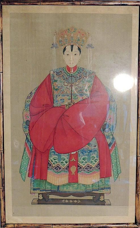 Appraisal: Chinese Ancestral Portrait on Silk Framed under glass Image tall