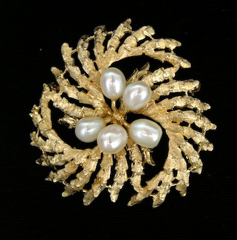 Appraisal: Yellow Gold and Pearl Brooch k yellow gold brooch designed