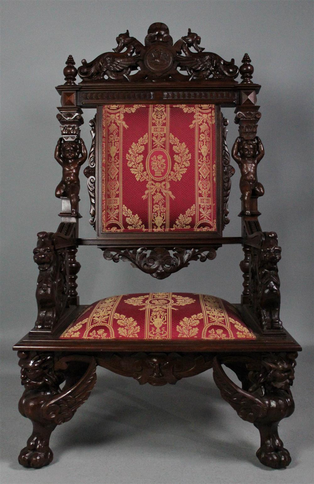 Appraisal: FINE ITALIAN RENAISSANCE STYLE WALNUT THRONE CHAIR upholstered in crimson