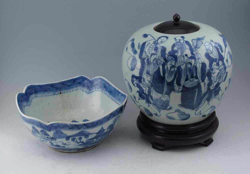 Appraisal: PIECE CHINESE BLUE DECORATED PORCELAIN Canton design squared bowl ''