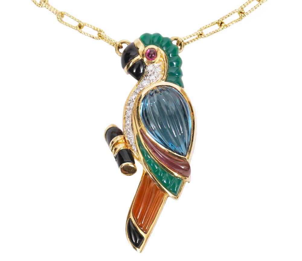 Appraisal: BELLARRI K MULTISTONE DIAMOND PARROT NECKLACEIn the style of Cartier