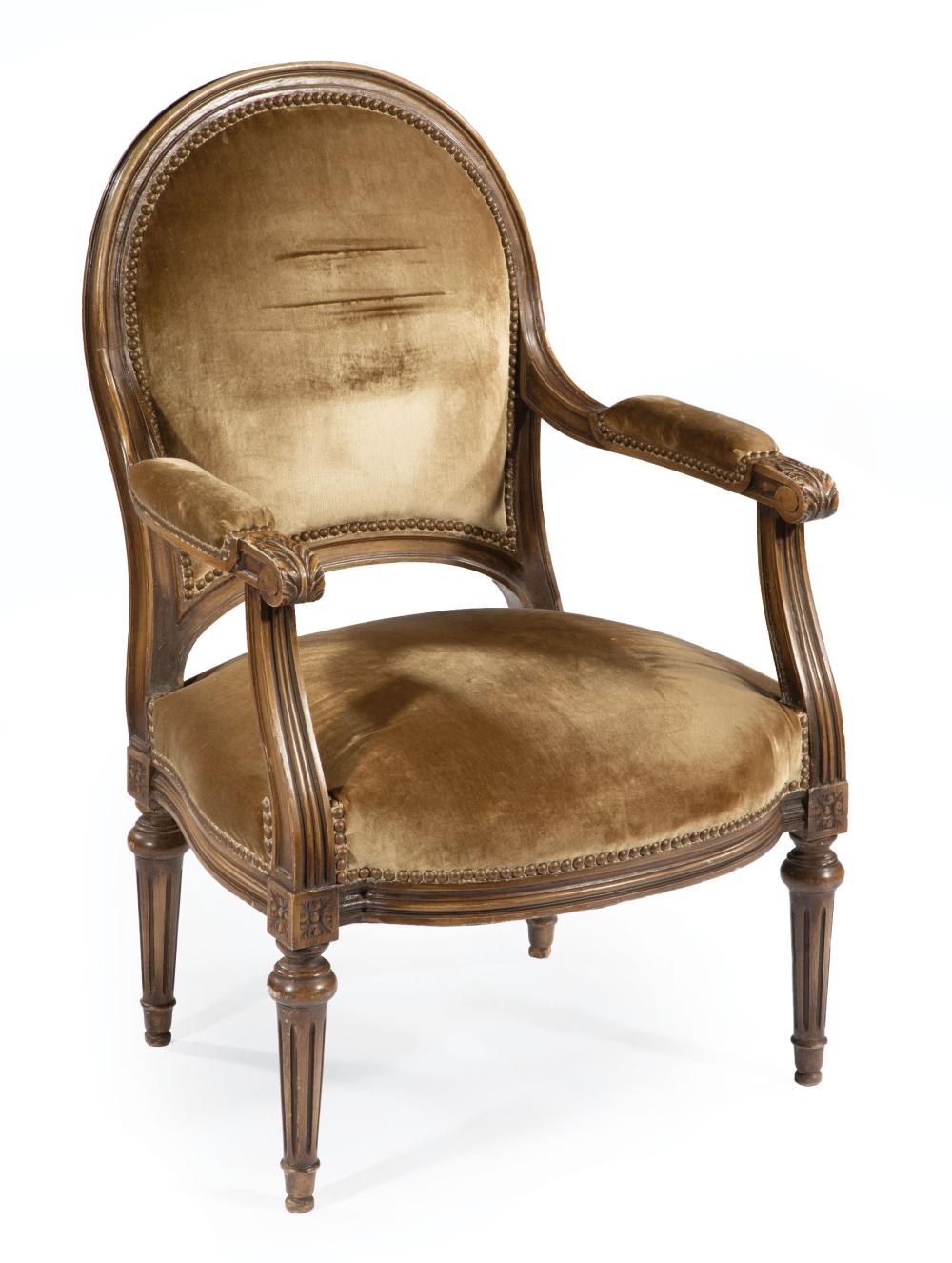 Appraisal: Louis XVI-Style Carved and Painted Fauteuil th c molded crest