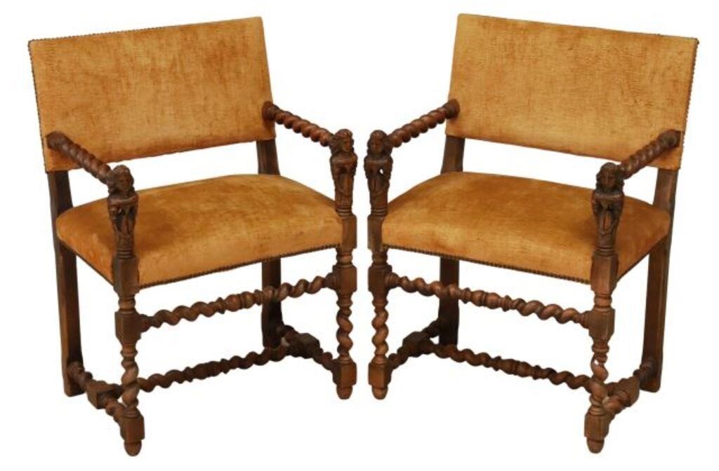 Appraisal: pair French Louis XIII style walnut armchairs late th c