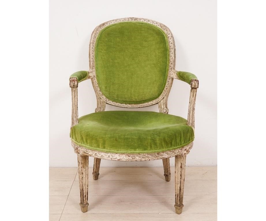 Appraisal: French fauteuil armchair circa painted white h x w x