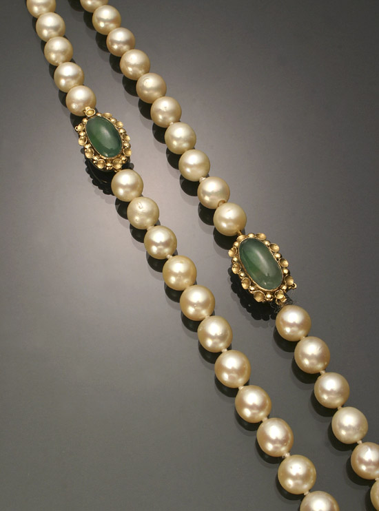 Appraisal: Two Choker Length Cultured Pearl and Green Nephrite Jade Necklaces