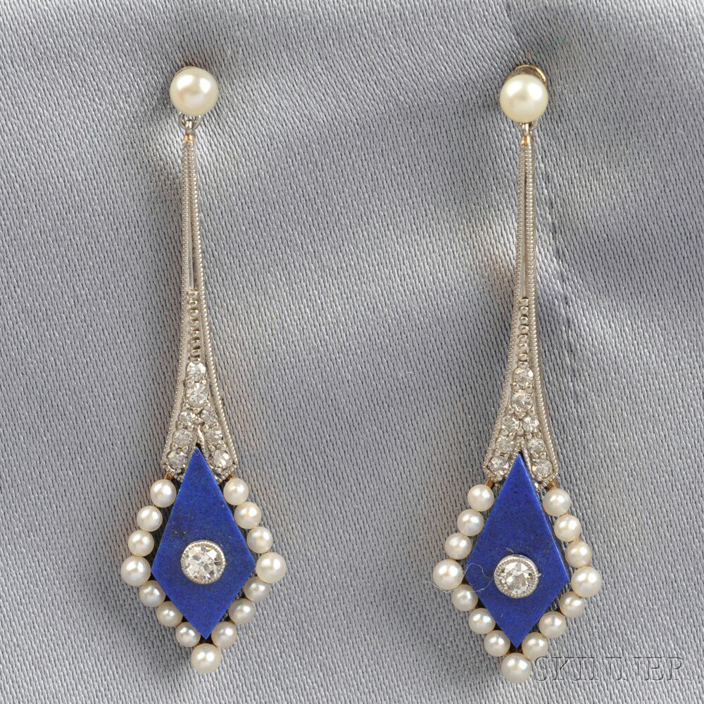 Appraisal: Art Deco Lapis Pearl and Diamond Earpendants each lapis tablet