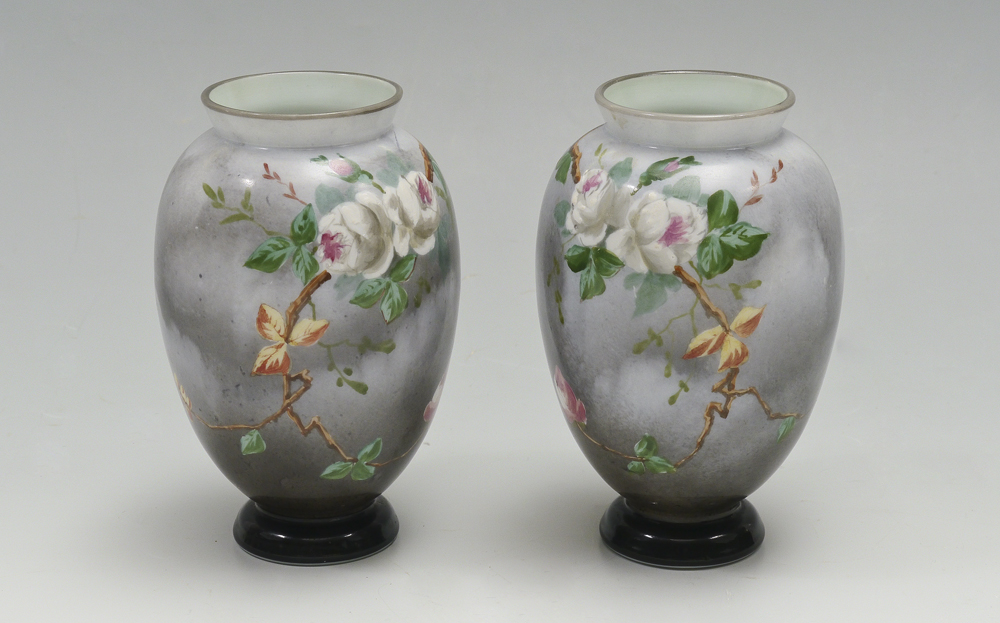 Appraisal: PAIR BACCARAT HAND PAINTED VASES Each with grey ground and