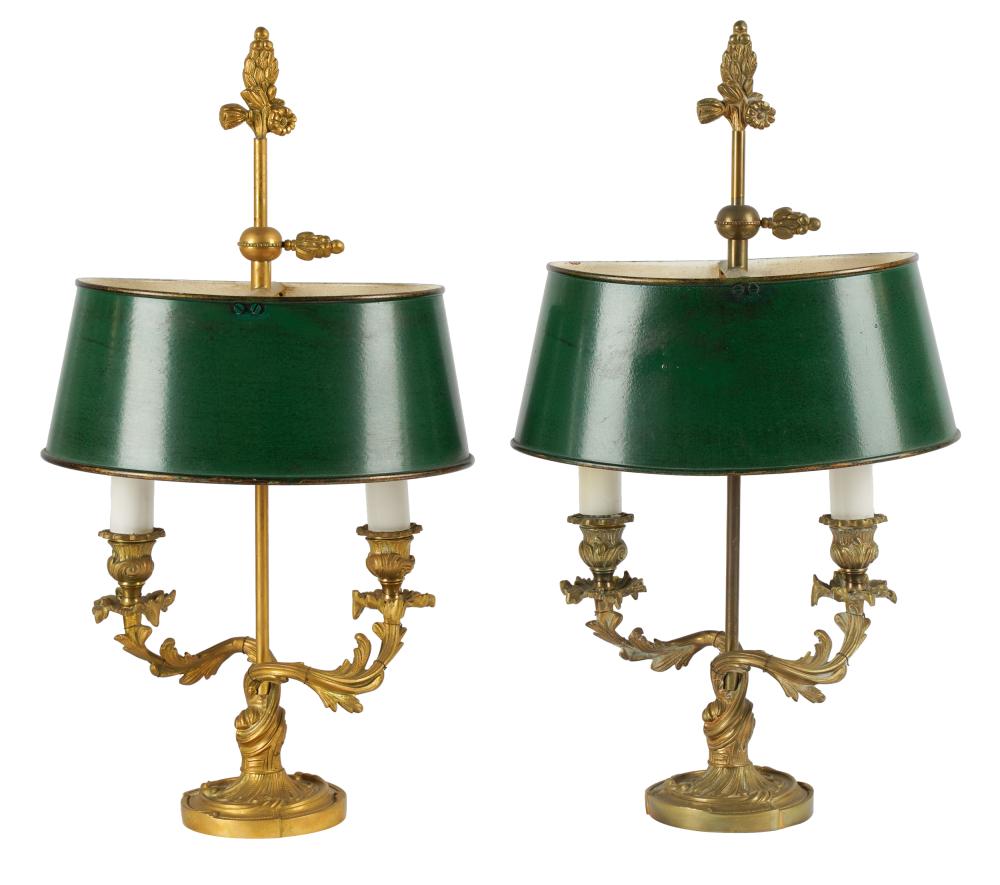 Appraisal: PAIR OF GILT METAL BOUILLOTTE LAMPSeach with adjustable-height oval green