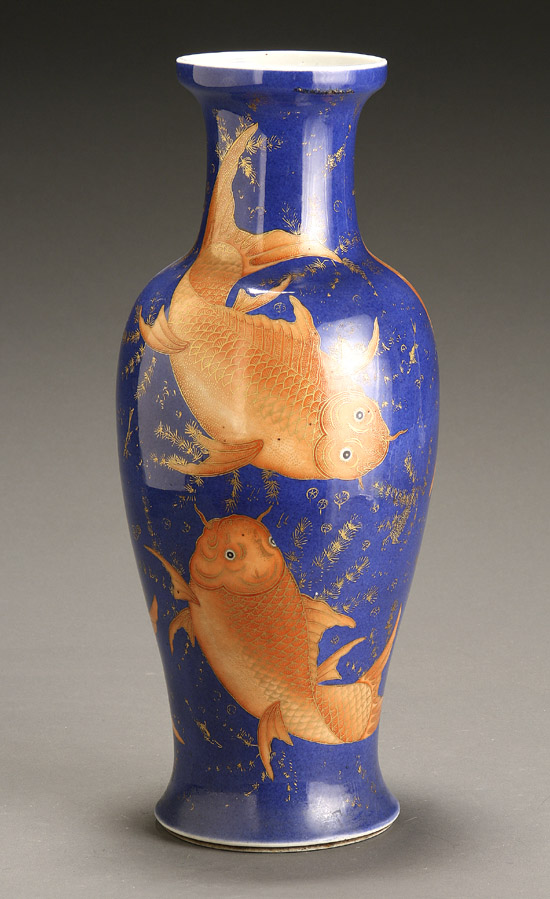 Appraisal: Chinese Iron-Red and Gilt 'Gold-Fish' Blue-Glazed'Yen-Yen' Vase th Century With