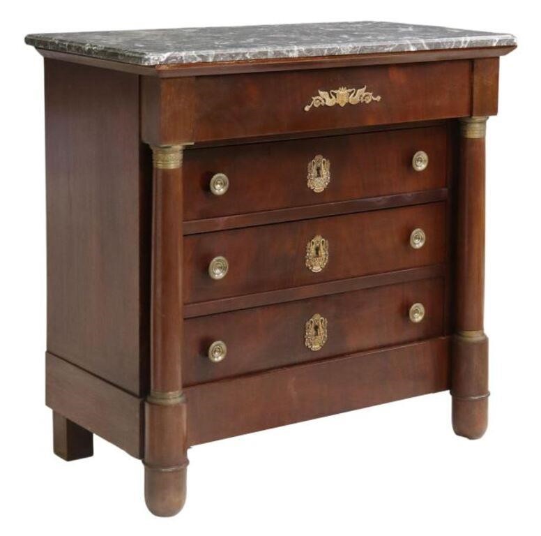 Appraisal: French Empire style mahogany marble-top commode th c having frieze