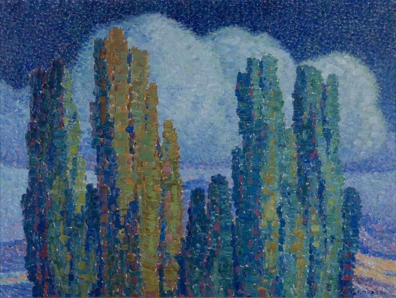 Appraisal: Birger Sandzen - Lindsborg KS Night Poplars in Moonlight