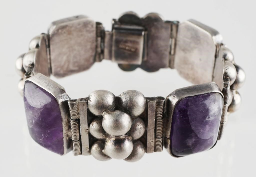 Appraisal: Large Sterling Bracelet with four large amethyst cabochons and round