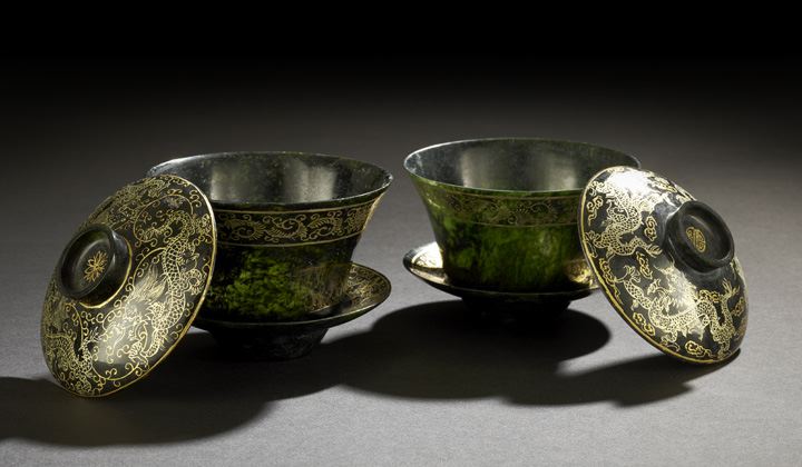 Appraisal: Pair of Chinese Spinach Jade Tea Bowls each of circular