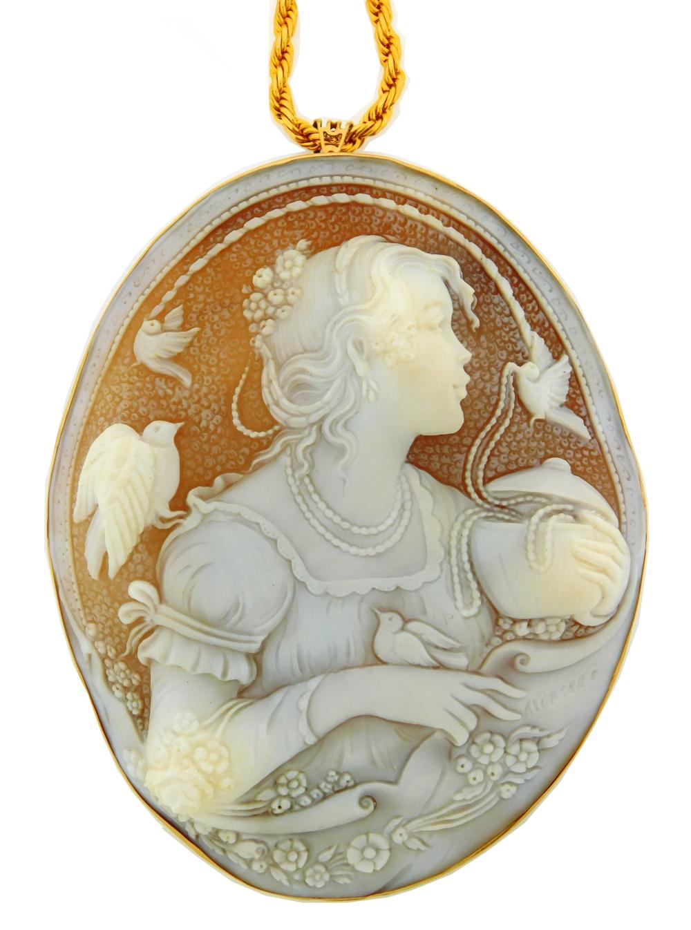 Appraisal: JEWELRY K LARGE CAMEO PIN PENDANT WITH GOLD-FILLED CHAIN FRAME