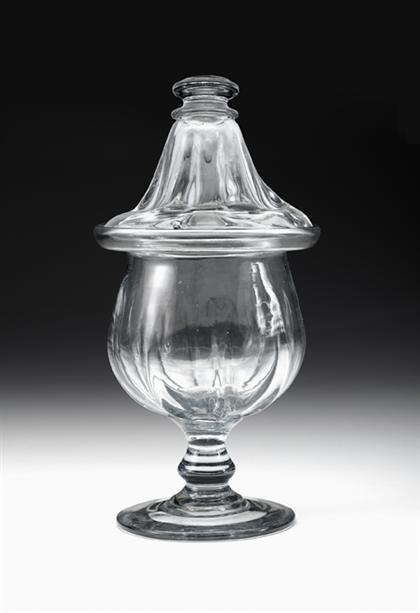 Appraisal: Blown uncolored glass covered sugar bowl th century Button knop