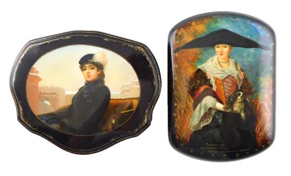 Appraisal: Russian hand-painted lacquer boxes group of two both of aristocratic