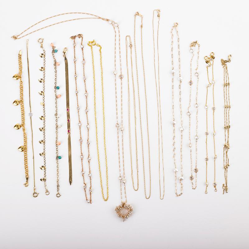 Appraisal: DELICATE GOLD GOLD TONE GEM-SET JEWELRY Sixteen pieces Eight necklaces