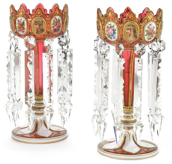 Appraisal: A pair of Bohemian cranberry glass lusters late th early