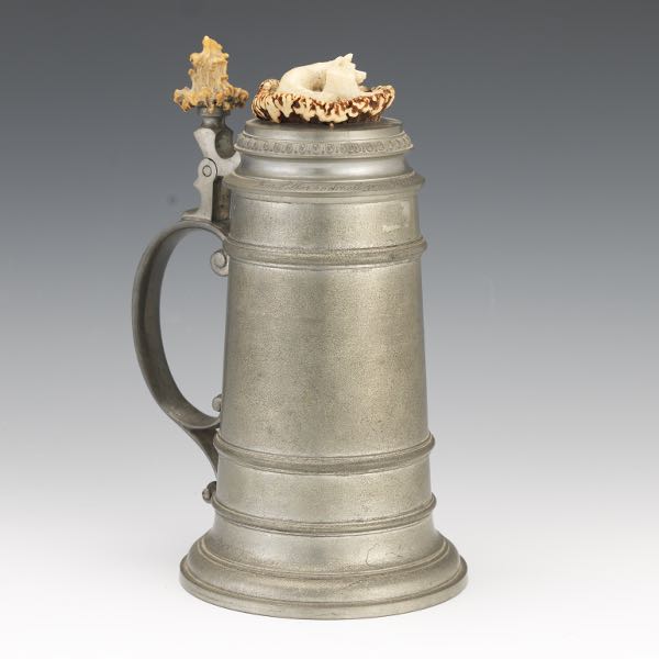 Appraisal: GERMAN PEWTER AND CARVED ANTLER STEIN SILVER WEDDING JUBILEE DATED