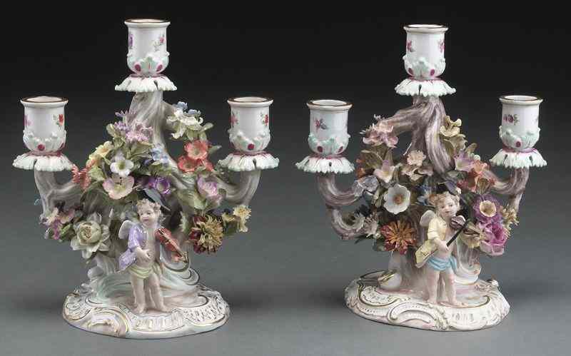 Appraisal: Pr Meissen porcelain three light candelabrascovered in applied floral decoration