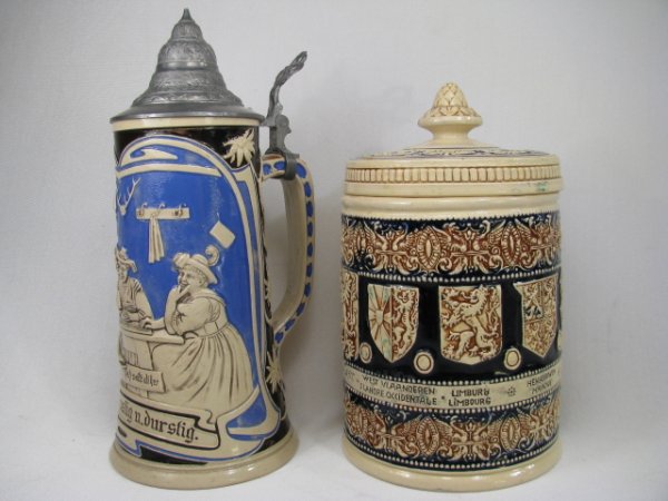 Appraisal: Two Saxon ceramic pieces Stein depicting a tavern scene with