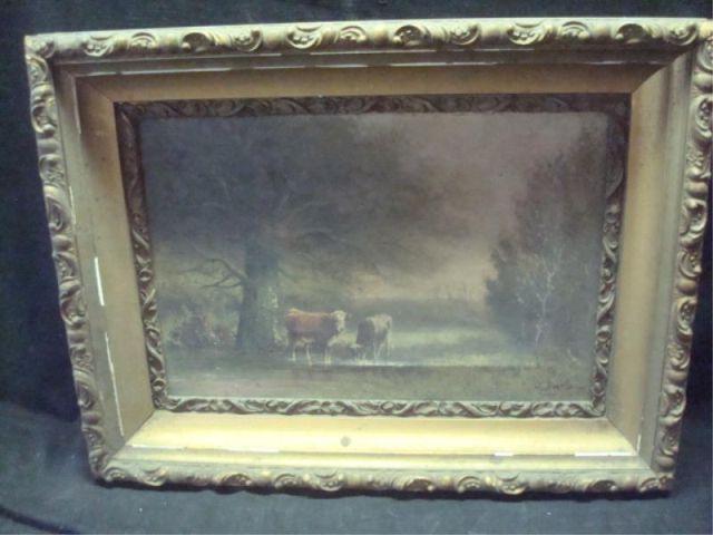 Appraisal: DAVIS J Oil on Canvas of Cows in Gilt Frames