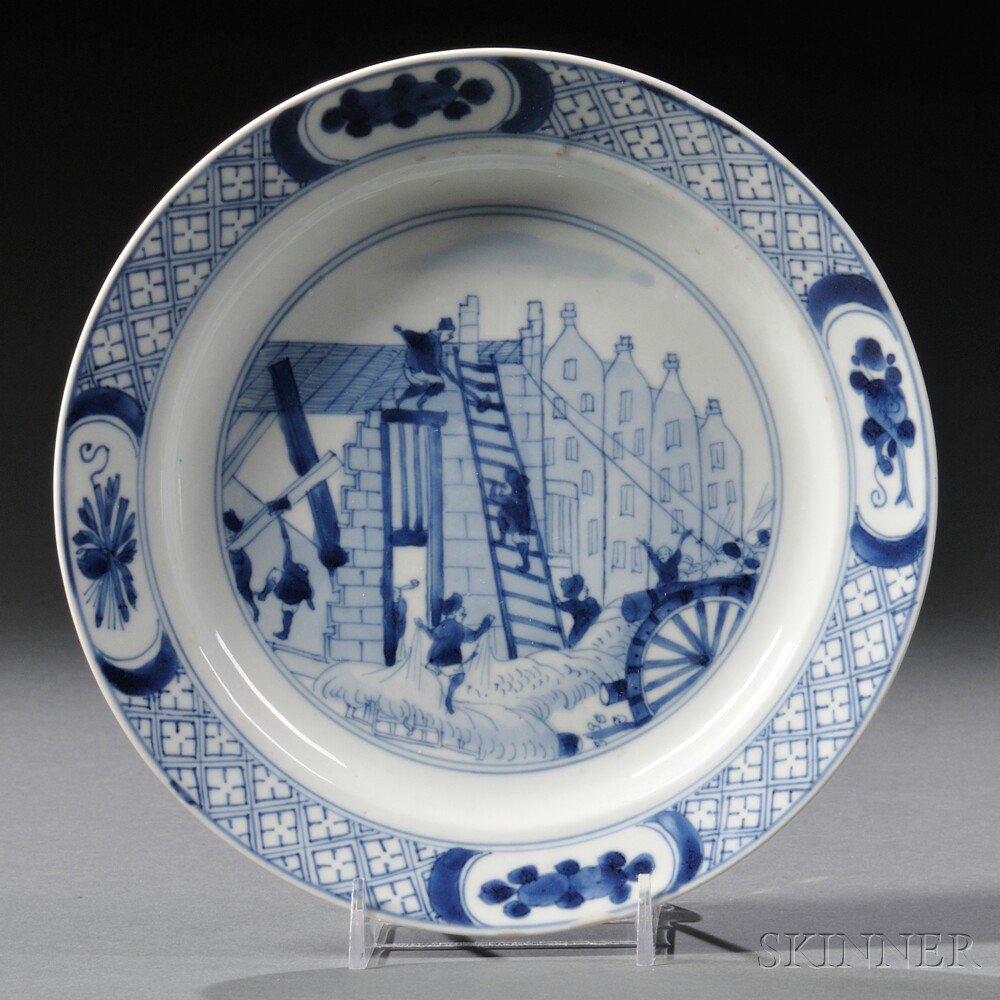 Appraisal: Blue and White Rotterdam Riot Decorated Porcelain Plate China late