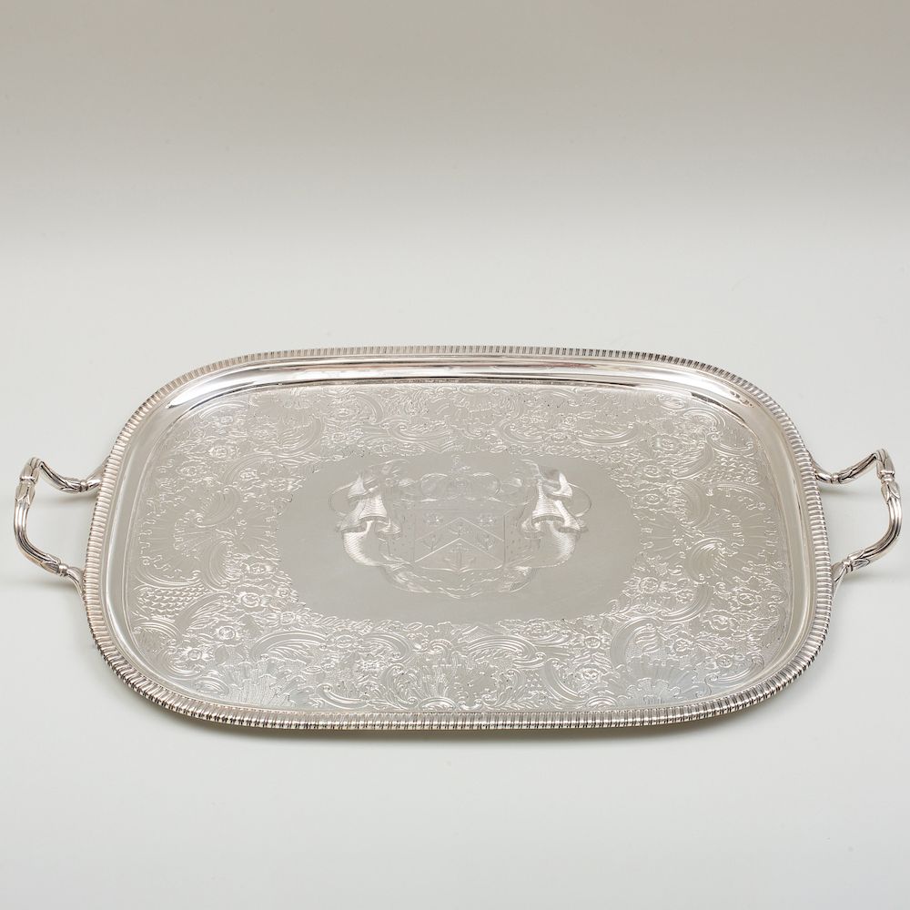 Appraisal: Silver Plate Two Handled Tray Engraved with Armorial Devices Silver