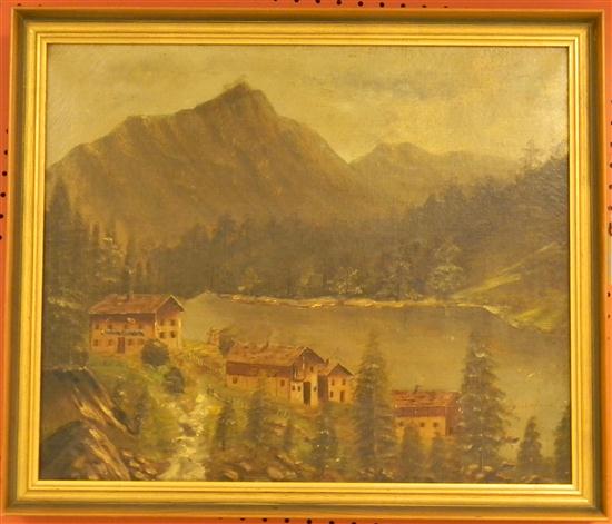 Appraisal: Oil on canvas mountain landscape with lake indistinct signature LR