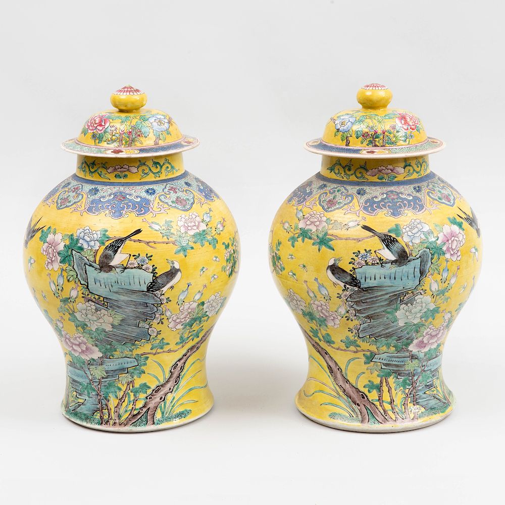 Appraisal: Pair of Chinese Yellow Ground Famille Rose Porcelain Baluster Form