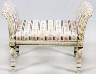 Appraisal: ANTIQUE WHITE DECORATED WALNUT HIGH-SIDED BENCH W H Glazed white