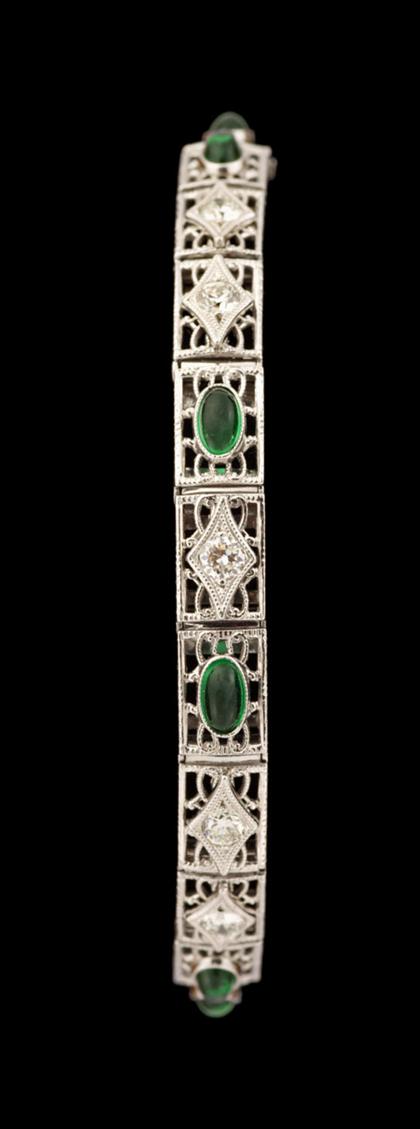 Appraisal: Synthetic emerald and diamond filigree line bracelet Traditional filigree setting