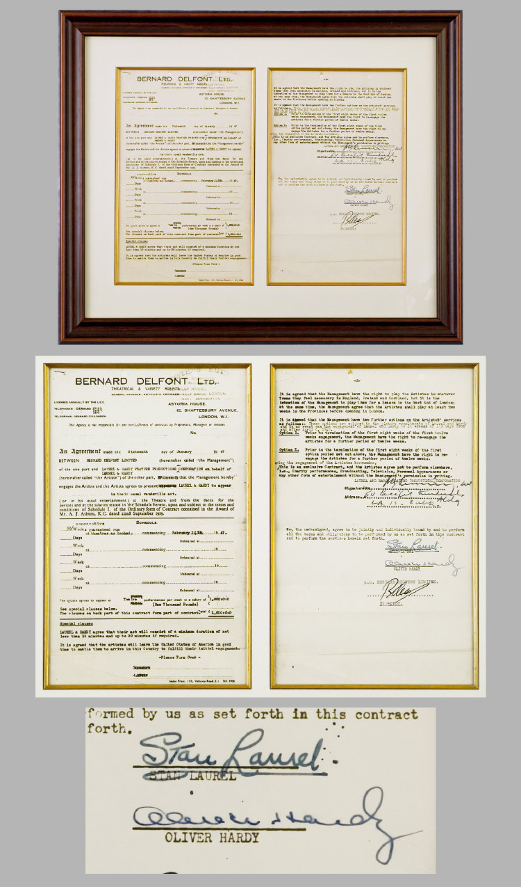 Appraisal: Laurel and Hardy Signed Contract Framed A contract between Stan