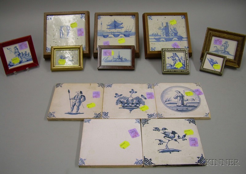 Appraisal: Fourteen Dutch Decorated and Glazed Pottery Tiles mostly framed tiles