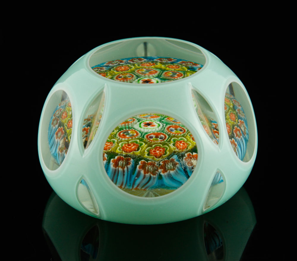 Appraisal: - Millefiori Glass Paperweight Paperweight millefiori in seafoam colored glass