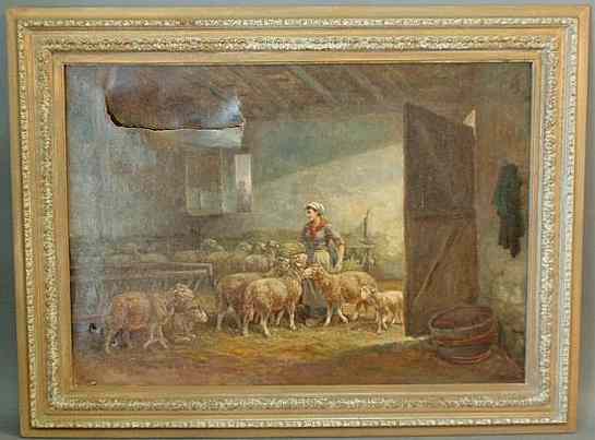 Appraisal: Continental oil on canvas painting of a barn interior with