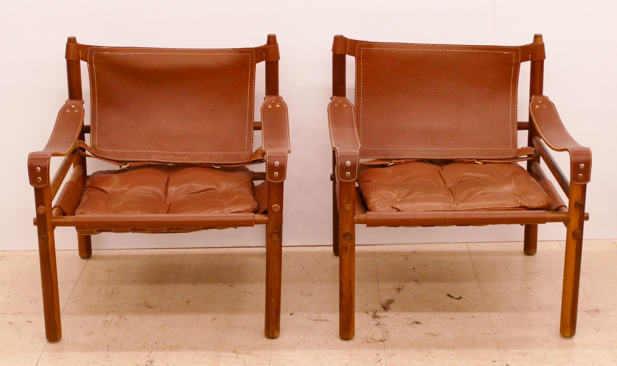 Appraisal: Pair Midcentury Arne Norell Teak Leather Sirocco Chairs- x x