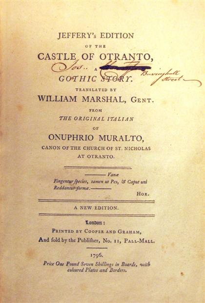 Appraisal: vol Walpole Horace The Castle of Otranto London Cooper and