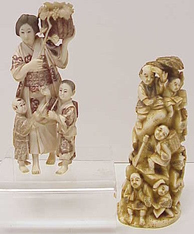 Appraisal: Two Japanese carved ivory groups early-mid th C the first