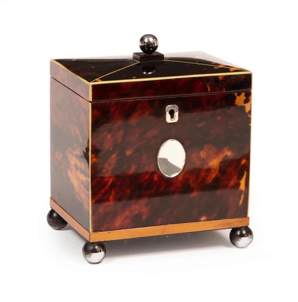 Appraisal: George III Tortoiseshell Tea Caddy th c inlaid lid interior