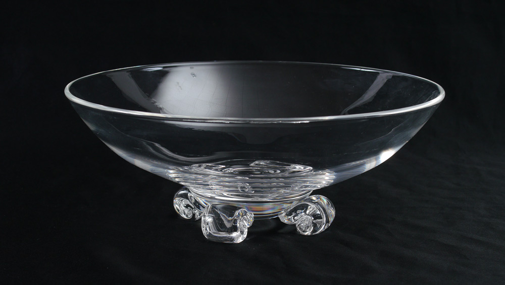 Appraisal: LARGE SIGNED STEUBEN CENTER BOWL With scroll feet engraved Steuben